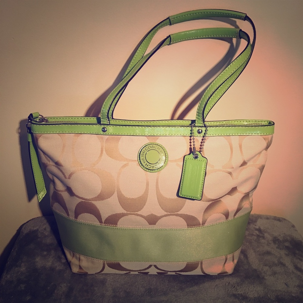 Coach Signature Stripe Shoulder Bag in Lime Green